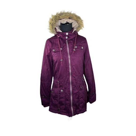 Snobbish Women's Burgundy Faux Fur-Lined Parka Jacket Hood Pockets Sz Sm EUC - Picture 2 of 14